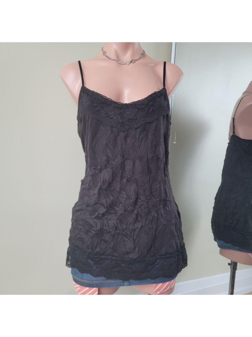 Maurices Black Satin Trim Lace Overlay Summer Tank Top (L)